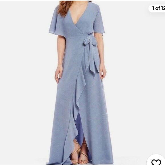 Halston Dusty Blue V Neck Ruffle Split Maxi Wrap Dress Gown Size L Short Sleeve - Picture 13 of 13